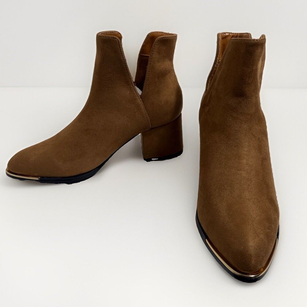 Brown Suede Ankle Boots Womems 5.5M Rubber Sole Dress Shoes Slip On 2” Heel New